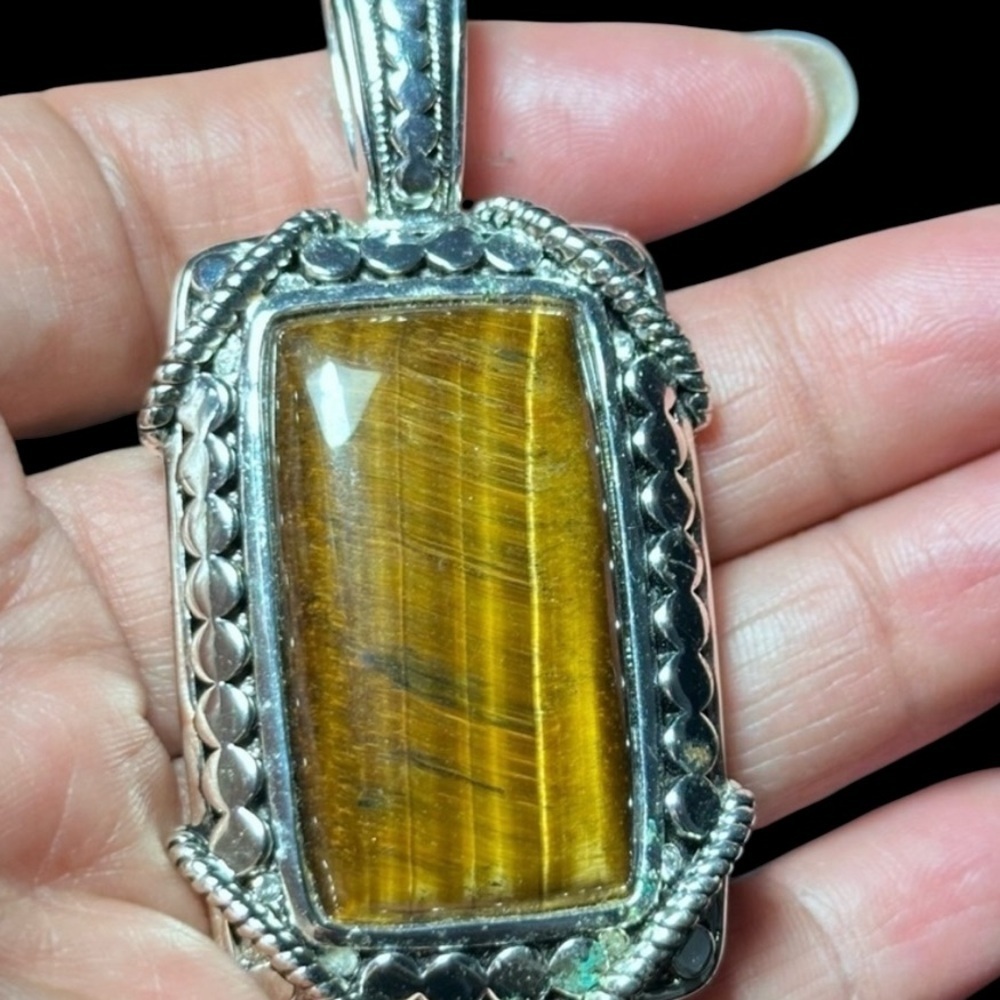 Hand Crafted Artisan Jewelry Tigers Eye Pendant Large Rectangular Silver Bezel